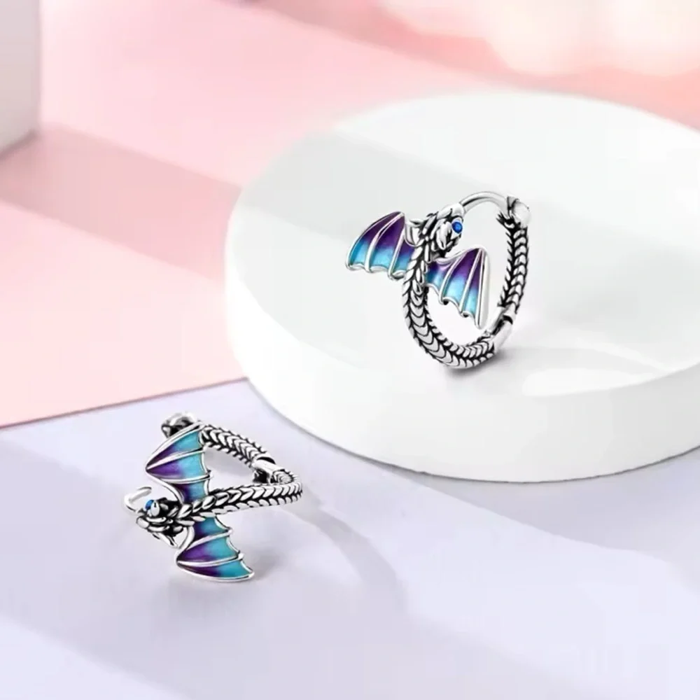 925 Sterling Silver Unisex Dragon Hoop Earrings With Enameled Punk Gothic